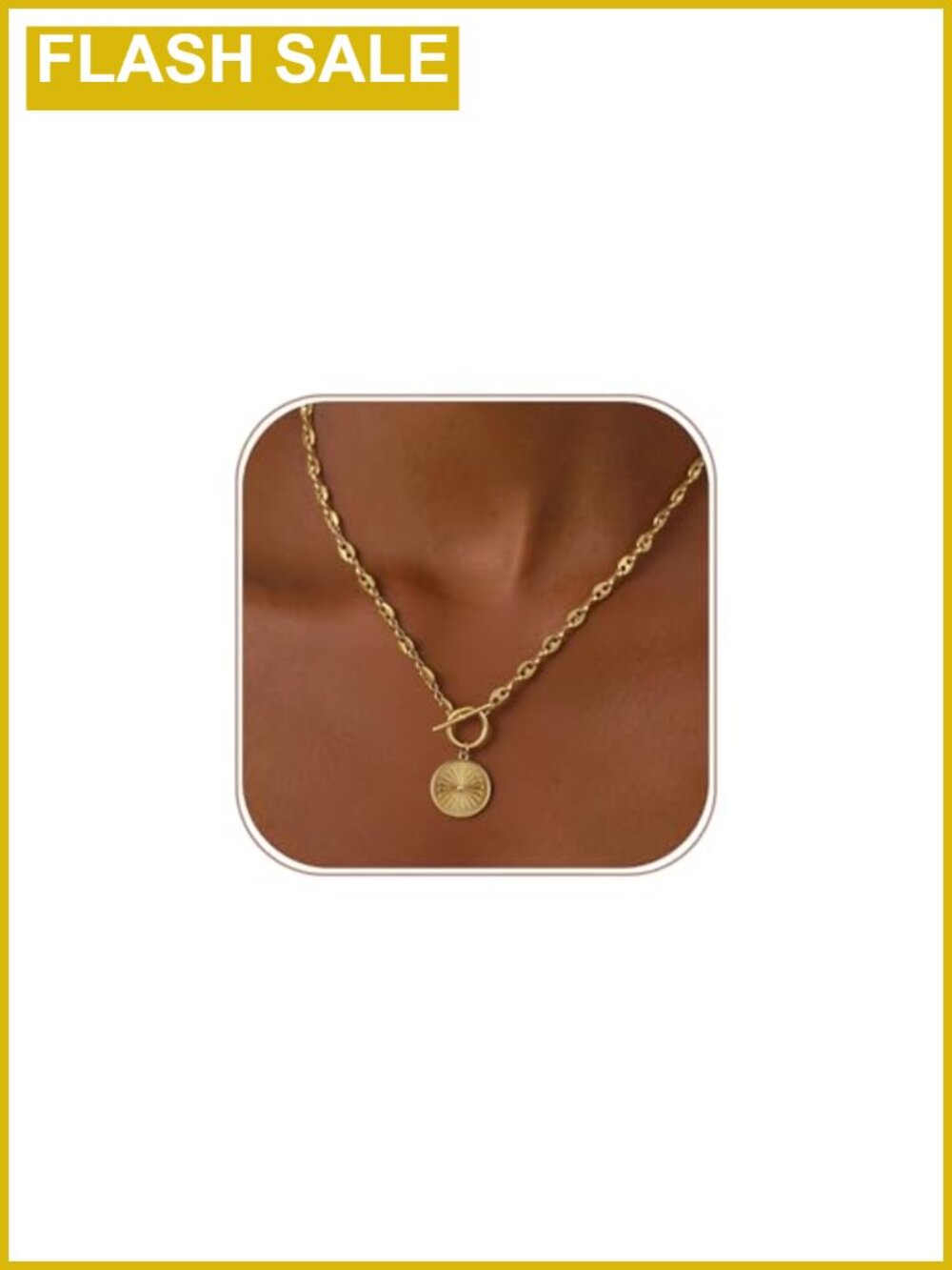 Chunky Gold Plated Round Pendant Necklace Toggle Clasp 18in